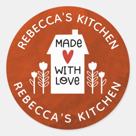 Gepersonaliseerde rood wit zelfgemaakt met liefde ronde sticker (Voorkant)