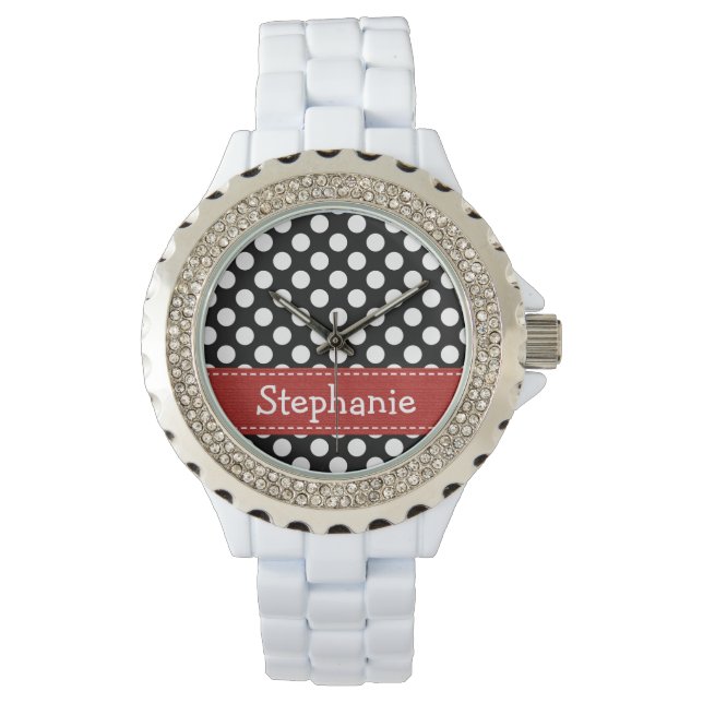 Gepersonaliseerde rood zwart en wit polka dot horloge (Voorkant)