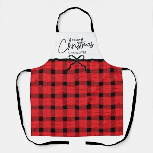 Gepersonaliseerde rood zwart geplakt vrolijk kerst schort (Voorkant)