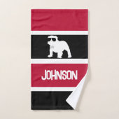 Gepersonaliseerde rood zwart wit gestreepte bulldo bad handdoek (Handdoek)