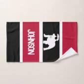 Gepersonaliseerde rood zwart wit gestreepte bulldo bad handdoek (Handdoek)