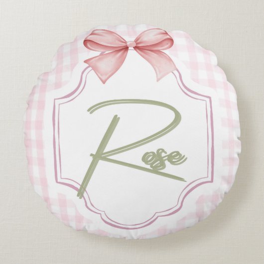Gepersonaliseerde Roos Baby Girl Nursery Bow & Gin Rond Kussen (Voorkant)