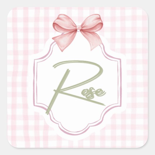 Gepersonaliseerde Roos Baby Girl Nursery Bow & Gin Vierkante Sticker (Voorkant)