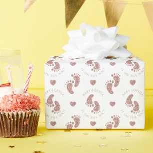 Gepersonaliseerde Roos Gouden Glitter Baby Voeten Cadeaupapier