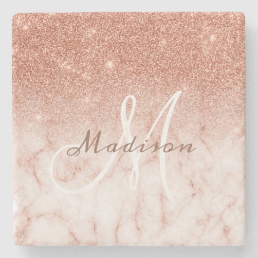 Gepersonaliseerde Roos Gouden Glitter Monogram Mar Stenen Onderzetter (Voorkant)
