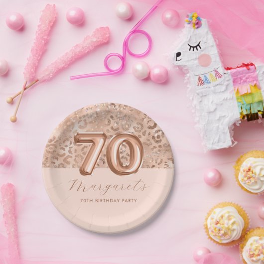 Gepersonaliseerde Roos Gouden Luipaard Print 70ste Papieren Bordje (Feest)