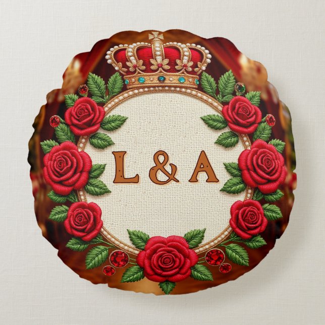 🌹 Gepersonaliseerde Roos Monogram Initiaal Decora Rond Kussen (Voorkant)