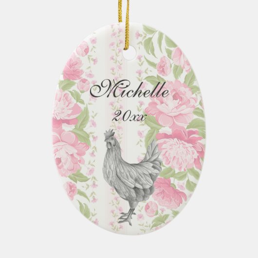 Gepersonaliseerde rooster en roze bloemen Boerderi Keramisch Ornament (Achterkant)