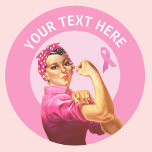 Gepersonaliseerde Rosie de Riveter Breast Cancer r Ronde Sticker<br><div class="desc">Voeg uw eigen tekst toe aan dit aanpasbare roze lint Rosie het Riveter ontwerp.</div>