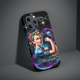 Gepersonaliseerde Rosie de Riveter Roze Blauw Pop iPhone 15 Case