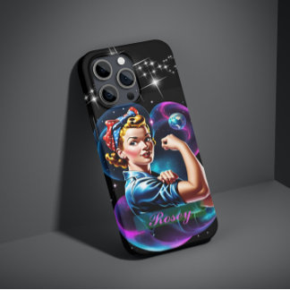 Gepersonaliseerde Rosie de Riveter Roze Blauw Pop iPhone 15 Case