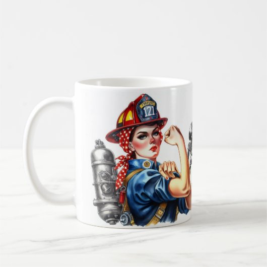 Gepersonaliseerde Rosie de Riveter Vrouw Brandweer Koffiemok (Links)
