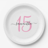 Gepersonaliseerde roze 15e verjaardag papieren bordje (Voorkant)