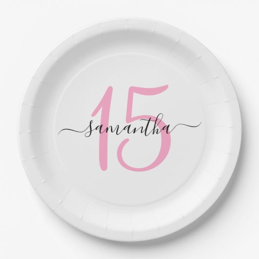Gepersonaliseerde roze 15e verjaardag papieren bordje (Voorkant)