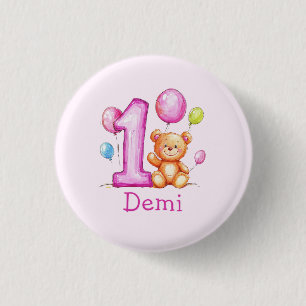 Gepersonaliseerde roze 1e verjaardag voor meisjes ronde button 3,2 cm