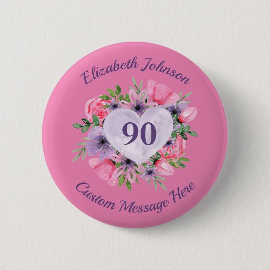 Gepersonaliseerde roze 90e verjaardag Button (Voorkant)