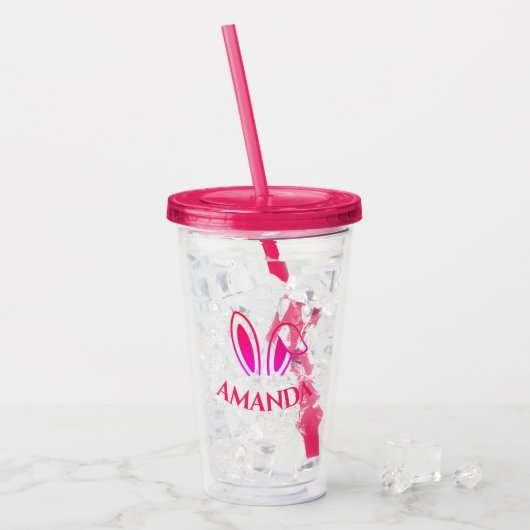 Gepersonaliseerde Roze Acryl Tumbler met Bunny Ear Acryl Drinkbeker (Voorkant ijs)