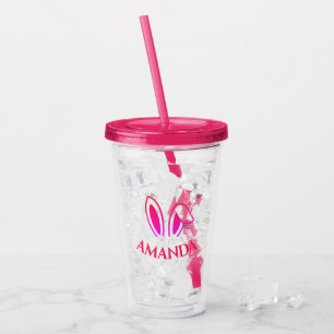 Gepersonaliseerde Roze Acryl Tumbler met Bunny Ear Drinkbeker
