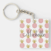 Gepersonaliseerde roze ananas glitter sleutelhanger (voorkant)