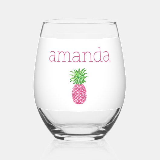 Gepersonaliseerde Roze Ananas Preppy Wijnglas Zonder Voet (Voorkant)