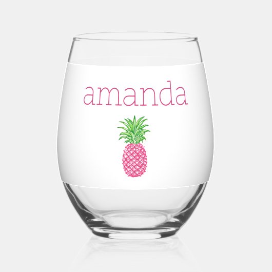 Gepersonaliseerde Roze Ananas Preppy Wijnglas Zonder Voet (Achterkant)