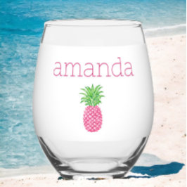Gepersonaliseerde Roze Ananas Preppy Wijnglas Zonder Voet