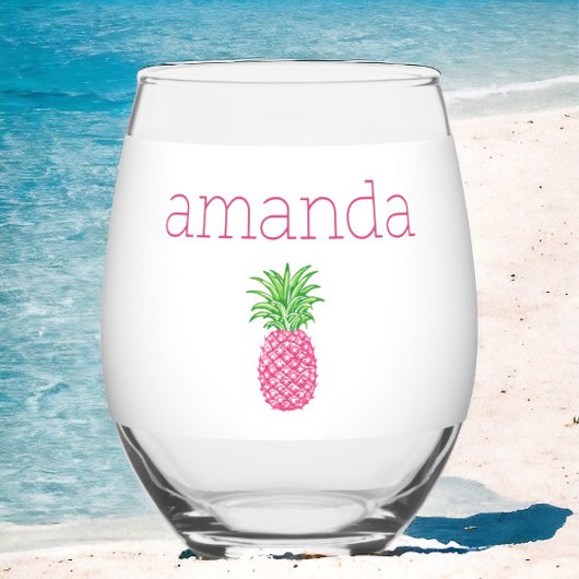 Gepersonaliseerde Roze Ananas Preppy Wijnglas Zonder Voet