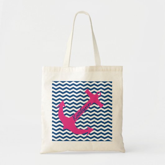 Gepersonaliseerde roze anker- en nagemaakte zigzag tote bag (Voorkant)