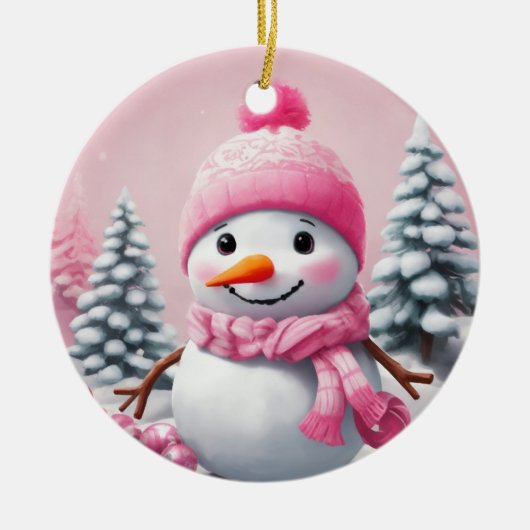 Gepersonaliseerde Roze Baby Kerstmis Sneeuwman Keramisch Ornament (Voorkant)