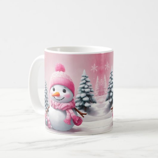 Gepersonaliseerde Roze Baby Kerstmis Sneeuwman Koffiemok (Voorkant links)
