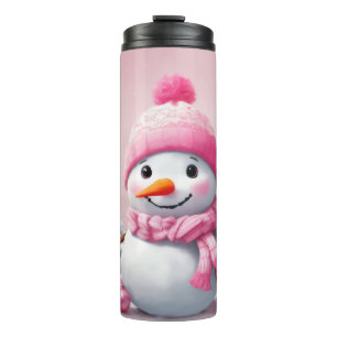 Gepersonaliseerde Roze Baby Kerstmis Sneeuwman Thermosbeker