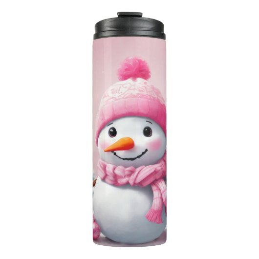 Gepersonaliseerde Roze Baby Kerstmis Sneeuwman Thermosbeker (Voorkant)