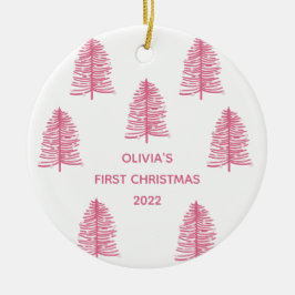 Gepersonaliseerde roze baby's eerste kerstboom keramisch ornament