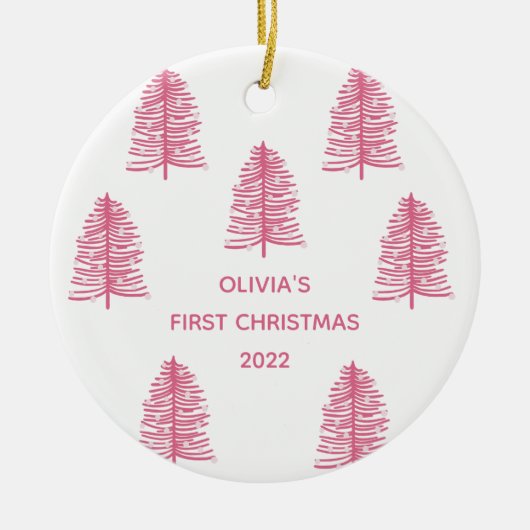 Gepersonaliseerde roze baby's eerste kerstboom keramisch ornament (Voorkant)
