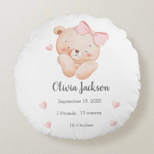 Gepersonaliseerde roze beer voor babymeisje rond kussen