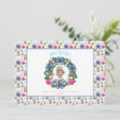 Gepersonaliseerde roze blauwe kerstrecker Wreath Feestdagenkaart (Staand voorkant)