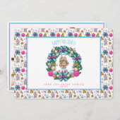 Gepersonaliseerde roze blauwe kerstrecker Wreath Feestdagenkaart (Voorkant / Achterkant)