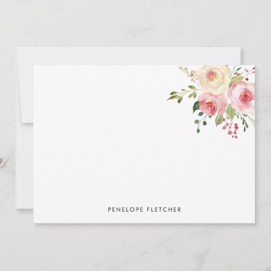 Gepersonaliseerde roze bloeit Moderne Waterverf Bl Notitiekaartje (Voorkant)