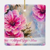 Gepersonaliseerde roze bloemen bloemenkerst keramisch ornament (Achterkant)