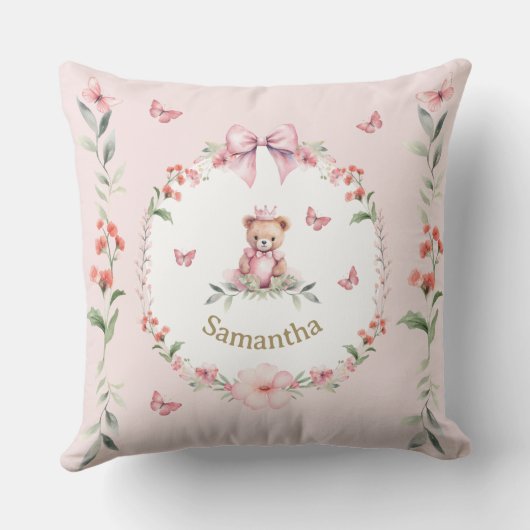 Gepersonaliseerde roze bloemen en teddybeer knuffe kussen (Achterkant)