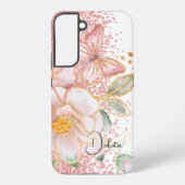 Gepersonaliseerde Roze Bloemen en Vlinder Telefoon Samsung Galaxy Hoesje (Achterkant)
