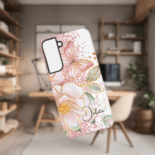 Gepersonaliseerde Roze Bloemen en Vlinder Telefoon Samsung Galaxy Hoesje