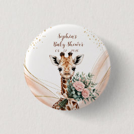 Gepersonaliseerde Roze Bloemen Giraffe Baby shower Ronde Button 3,2 Cm