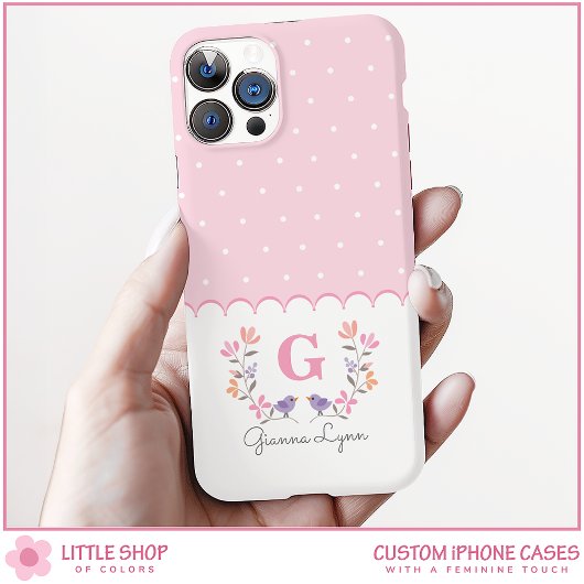 Gepersonaliseerde Roze Bloemen Polka Dots Monogram Case-Mate iPhone Case