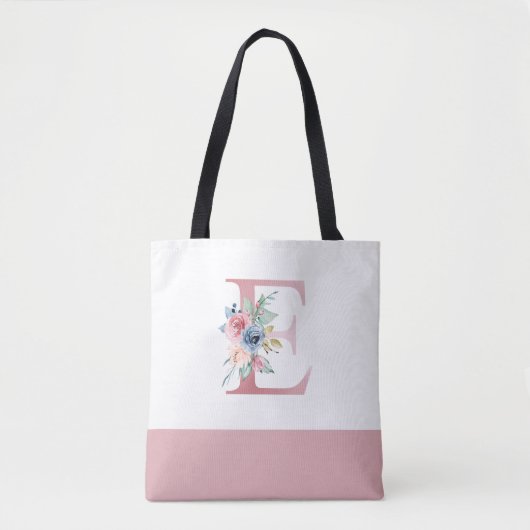 Gepersonaliseerde roze bloemige monogram letter E Tote Bag (Voorkant)
