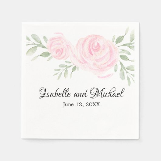 Gepersonaliseerde Roze Blush Waterverf Rozen Bruil Servetten (Voorkant)