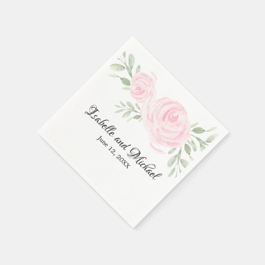 Gepersonaliseerde Roze Blush Waterverf Rozen Bruil Servetten (Hoek)