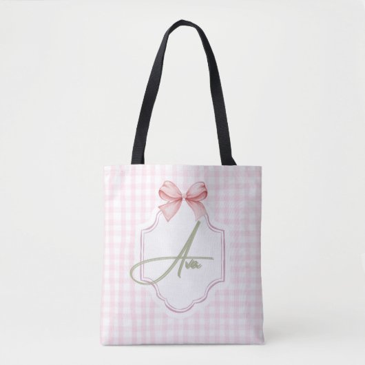 Gepersonaliseerde roze boog & Gingham print Tote Bag (Voorkant)