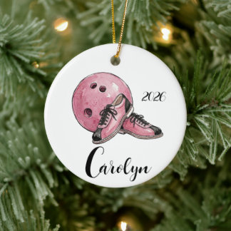 Gepersonaliseerde Roze Bowling Kerst Keramisch Ornament