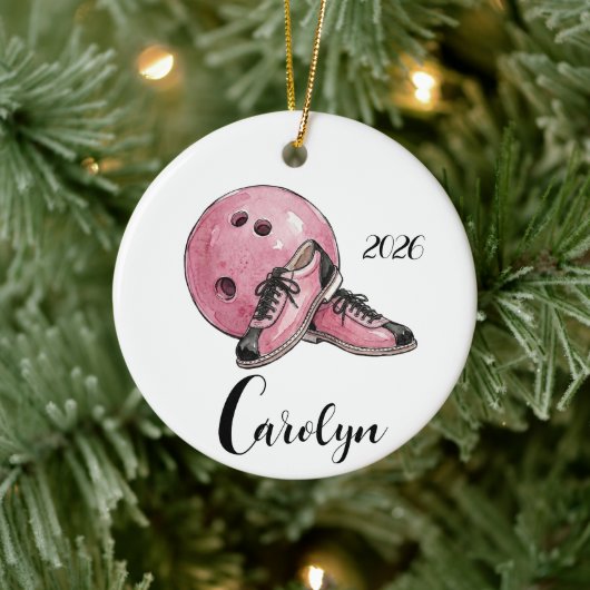Gepersonaliseerde Roze Bowling Kerst  Keramisch Ornament (Boom)